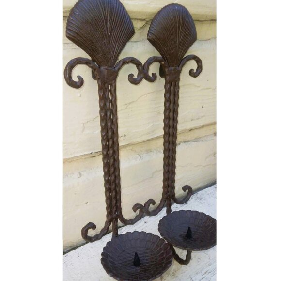 VTG Double Pillar Candle Holder Hammered Scallop Shell Wrought Iron Wall Sconce - Picture 3 of 8